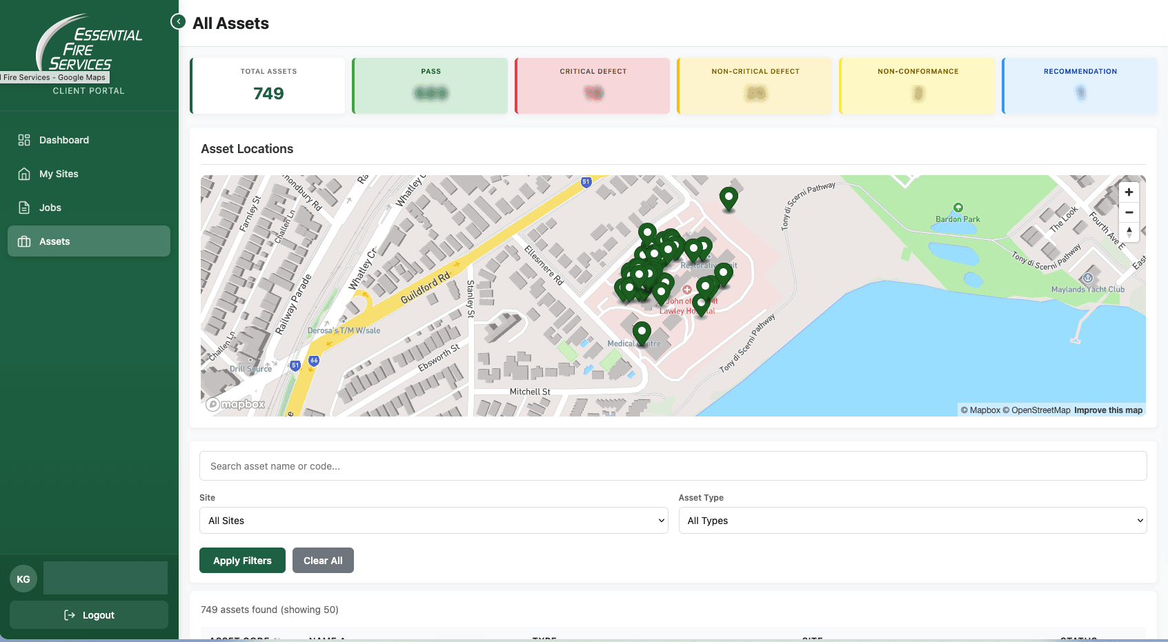 Interactive asset map showing all fire equipment locations