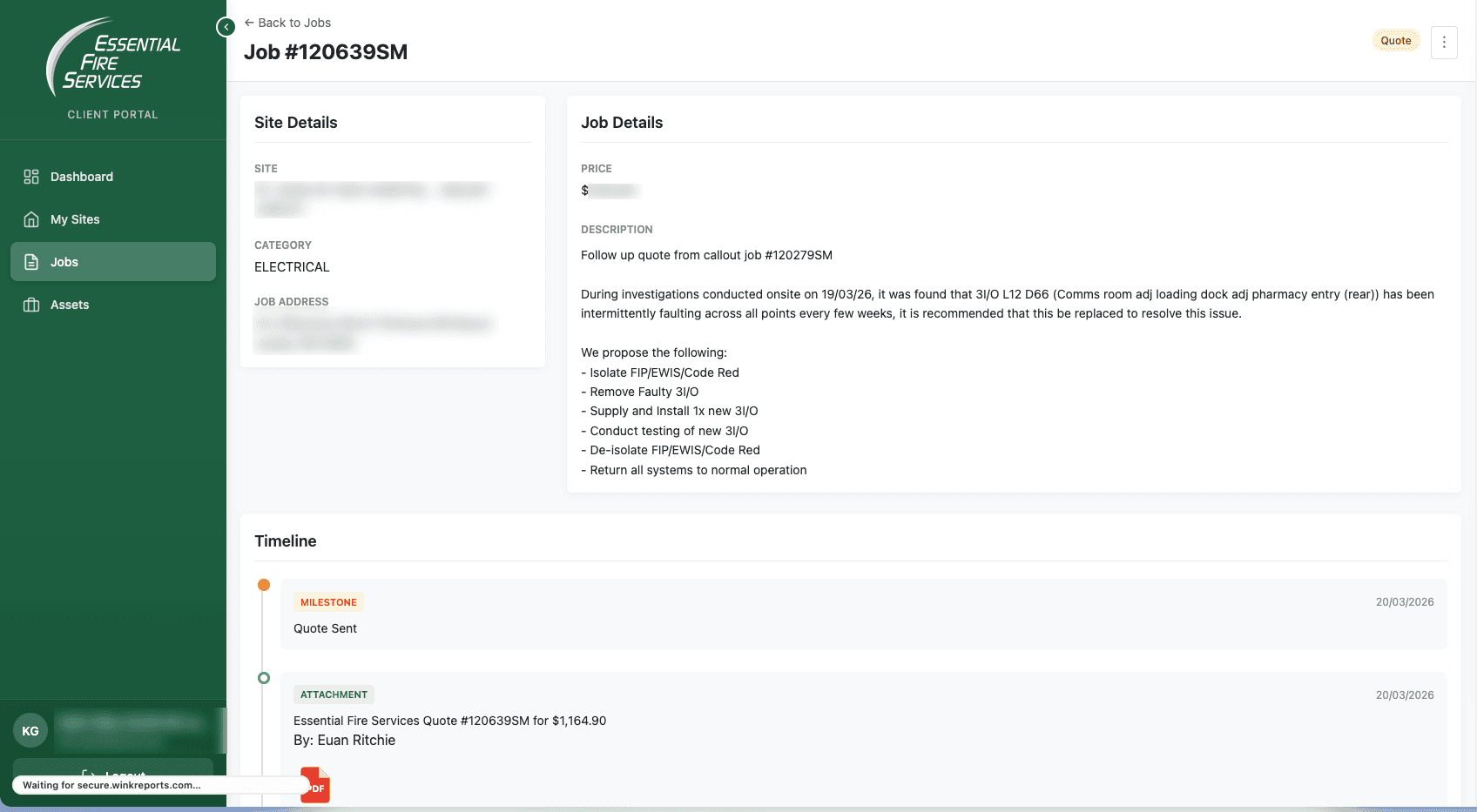 Job detail view with quote and timeline