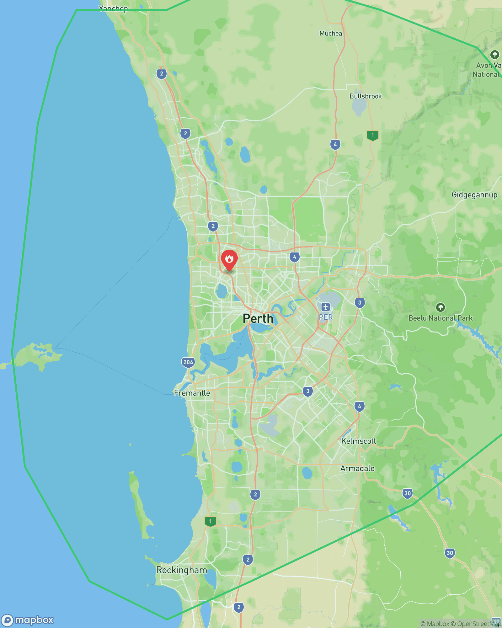 Map of Greater Perth metropolitan service area showing EFS coverage from Yanchep to Mandurah