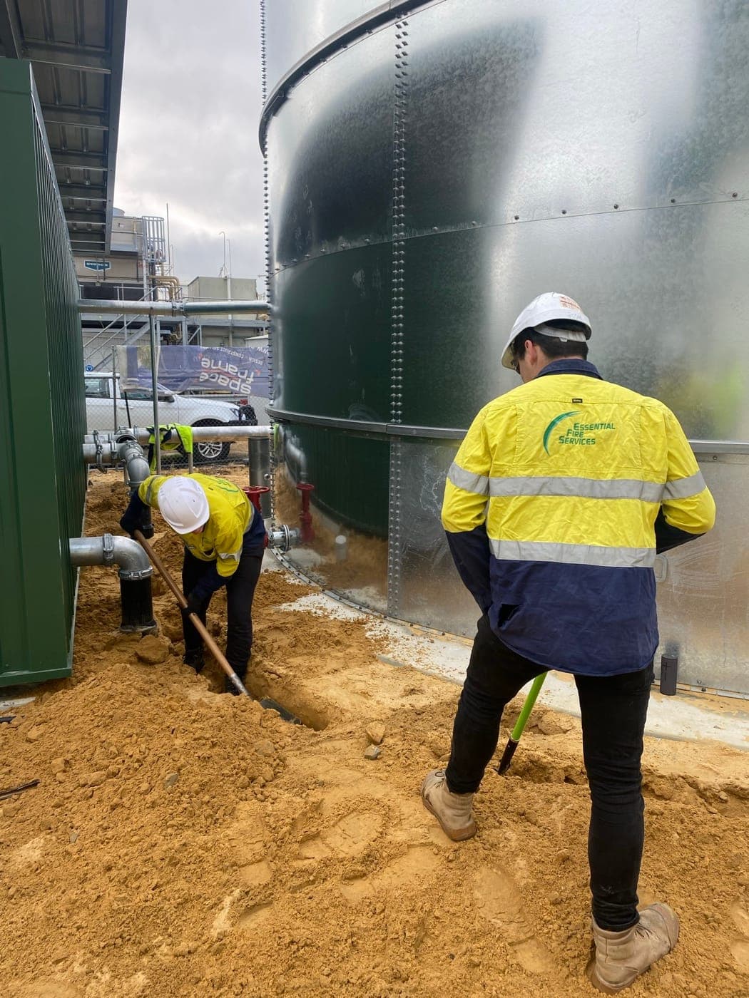Connecting pipework at the base of the fire water storage tank